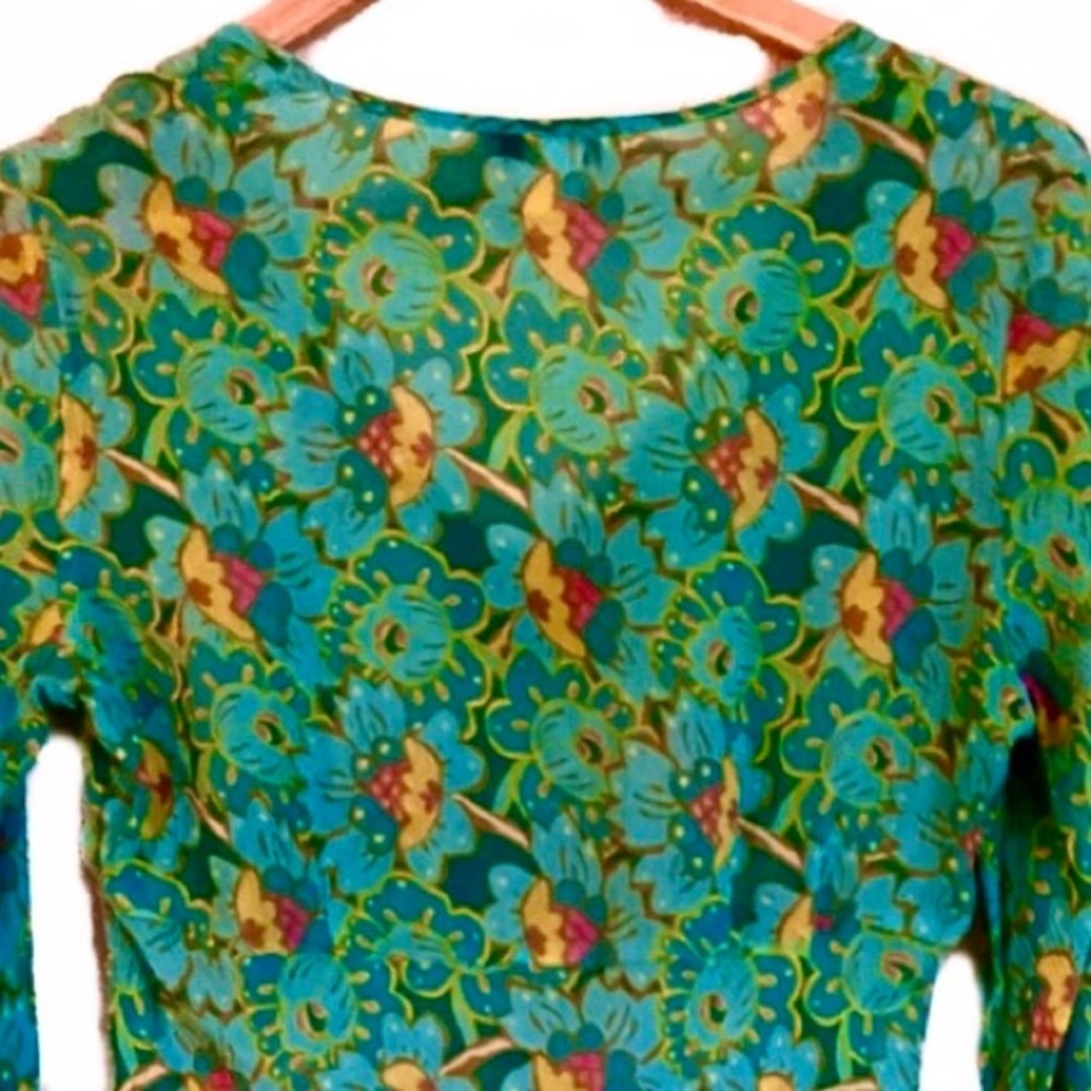 Harolds 100% Silk Tie Front Green Floral Top Blouse - Picture 7 of 8